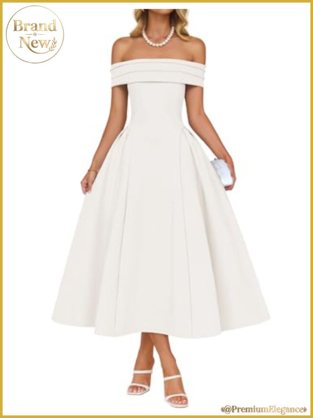 Off Shoulder Cocktail Midi Dress A-Line Short Sleeve Viscose Blend